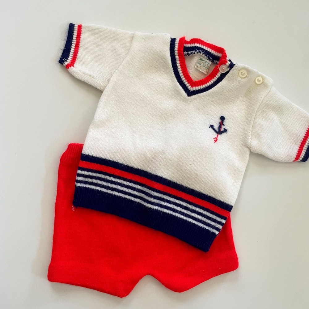 Vintage 60s Soft Spun Nautical Knit Set‎ 12M Sweater Shorts Preppy Coastal